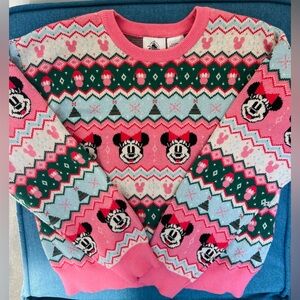 Disney Kids’ Festive Minnie Mouse Pink and Green Sweater